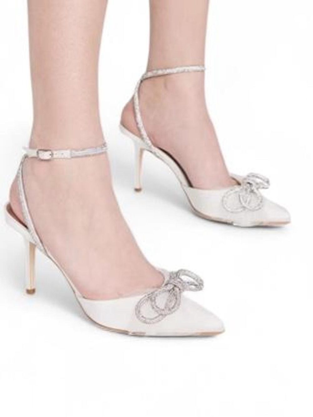 Badgley Mischka Ivory Pointed Slingback Heels with Crystal Bow Accent